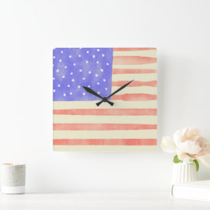 Watercolor rustic USA American flag Square Wall Clock