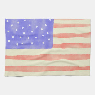 Watercolor rustic USA American flag Tea Towel