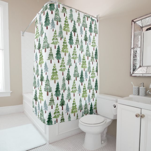 Watercolor Rustic Winter Pine Forest Pattern  Shower Curtain (In Situ)