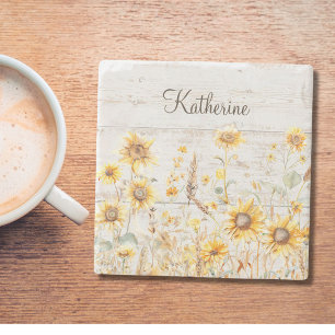 Watercolor Rustic Yellow Sunflower Garden Wood Stone Coaster