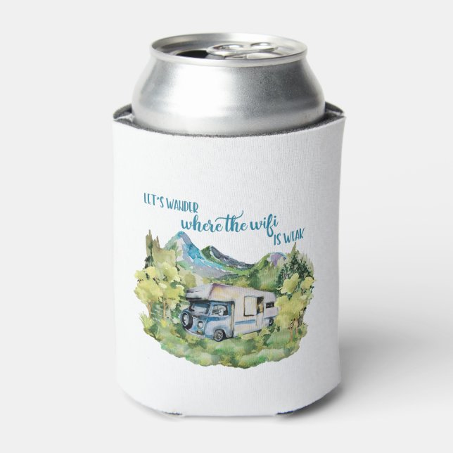 Watercolor RV Motorhome Camping Scene Can Cooler (Can Front)