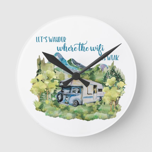 Watercolor RV Motorhome Camping Scene Round Clock (Front)