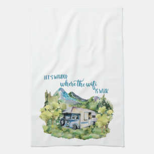 Watercolor RV Motorhome Camping Scene Tea Towel