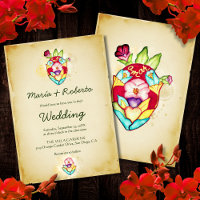 Watercolor Sacred Heart with Floral Motifs Wedding