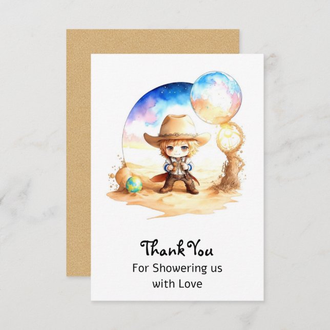 Watercolor: Saddle Up Cowboy Baby Shower  Thank You Card (Front/Back)