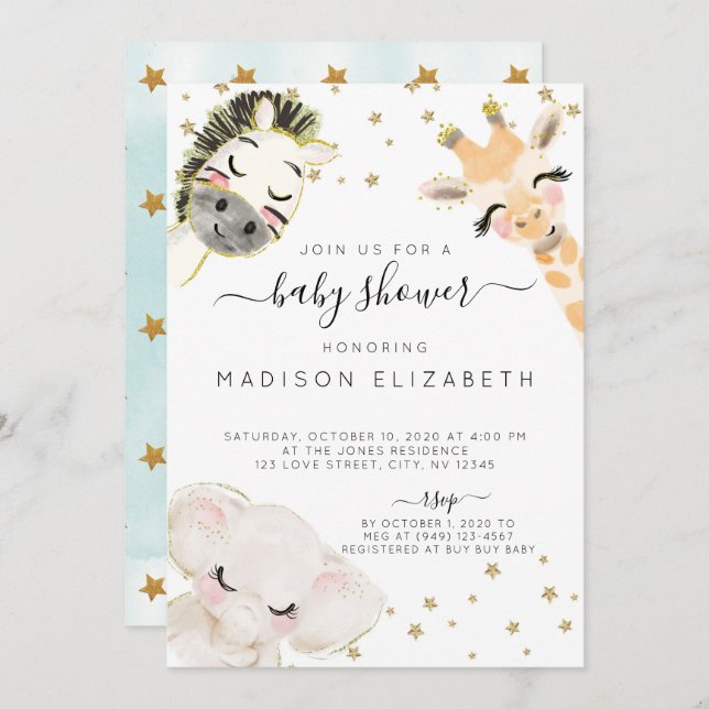 Watercolor Safari Animal Baby Shower Invitation (Front/Back)