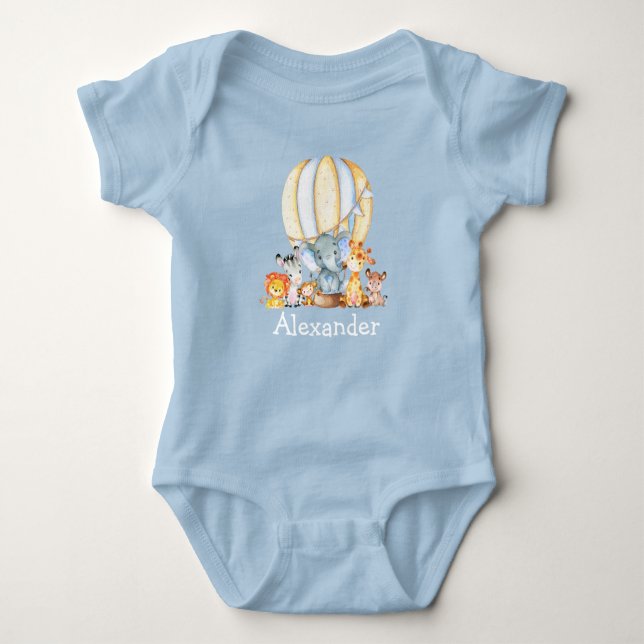 Watercolor Safari Animals Air Balloon Blue Baby Bodysuit (Front)