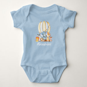 Watercolor Safari Animals Air Balloon Blue Bow  Baby Bodysuit