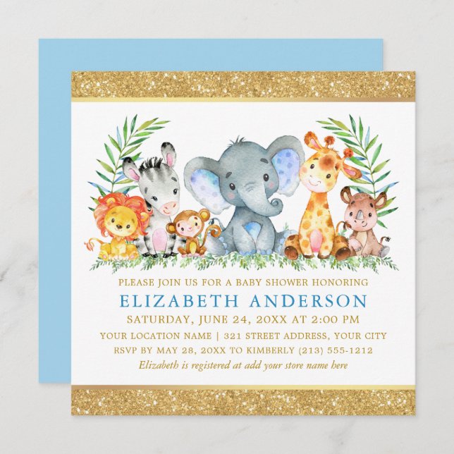 Watercolor Safari Animals Baby Shower Blue Gold Sq Invitation (Front/Back)
