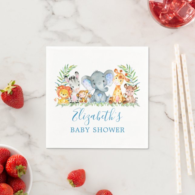 Watercolor Safari Animals Baby Shower Blue Napkin (Insitu)