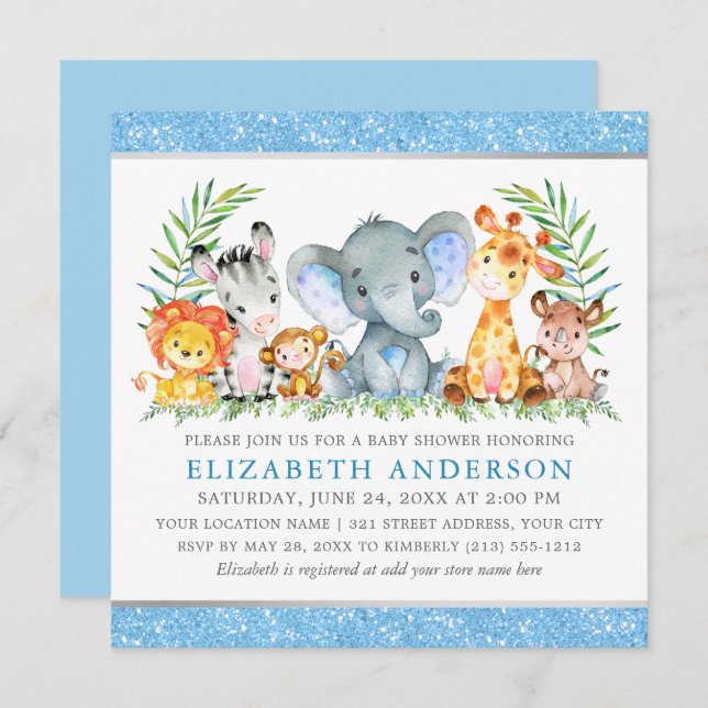 Watercolor Safari Animals Baby Shower Blue Square Invitation (Front/Back)