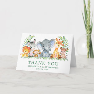 Watercolor Safari Animals Baby Shower Green Fold Thank You Card