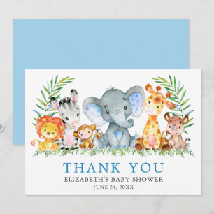 Watercolor Safari Animals Baby Shower Light Blue Thank You Card