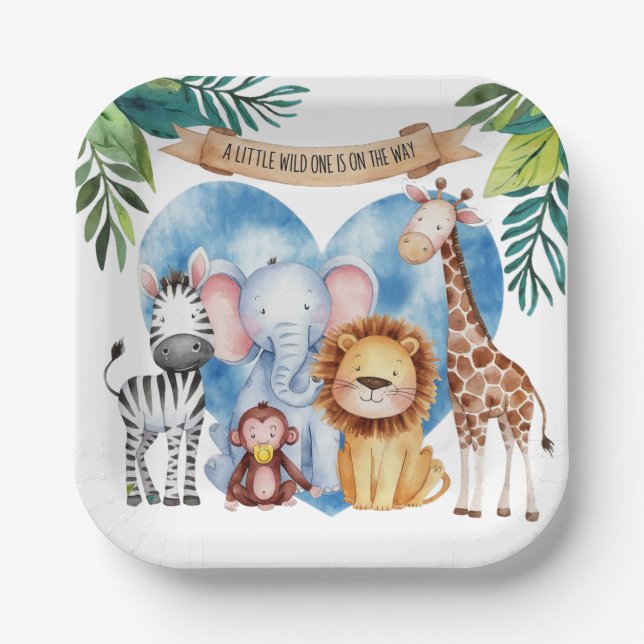 Watercolor Safari Animals Baby Shower Paper Plate (Front)
