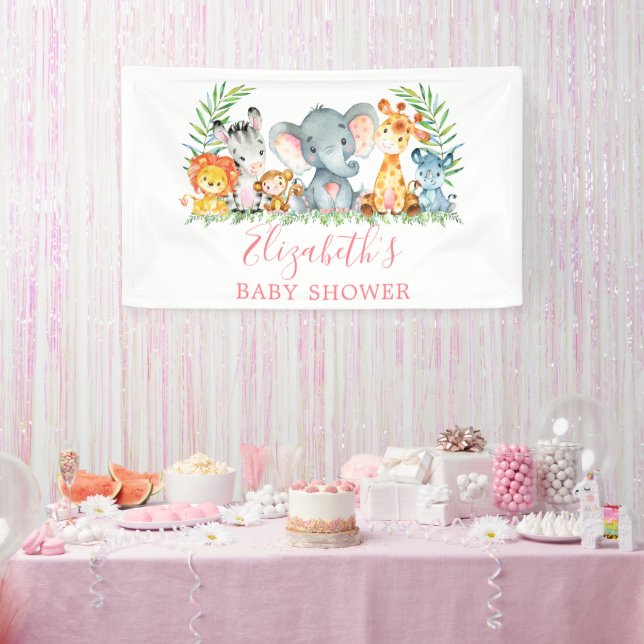 Watercolor Safari Animals Baby Shower Pink Banner (Party)