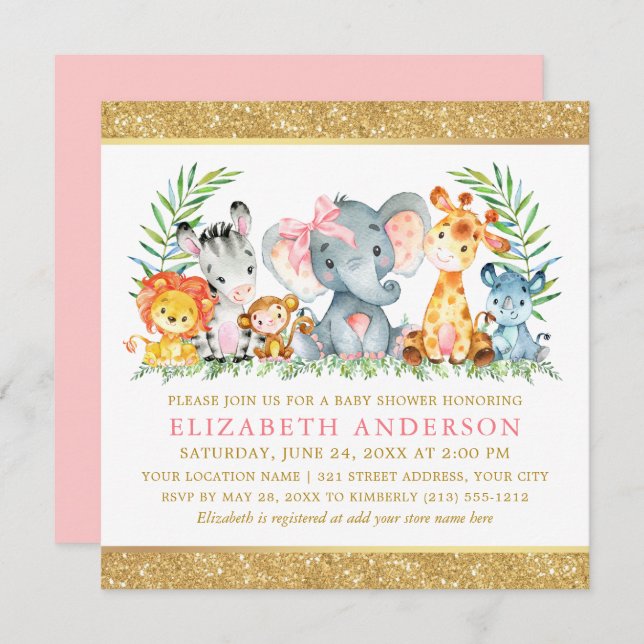 Watercolor Safari Animals Baby Shower Pink Bow Sq Invitation (Front/Back)