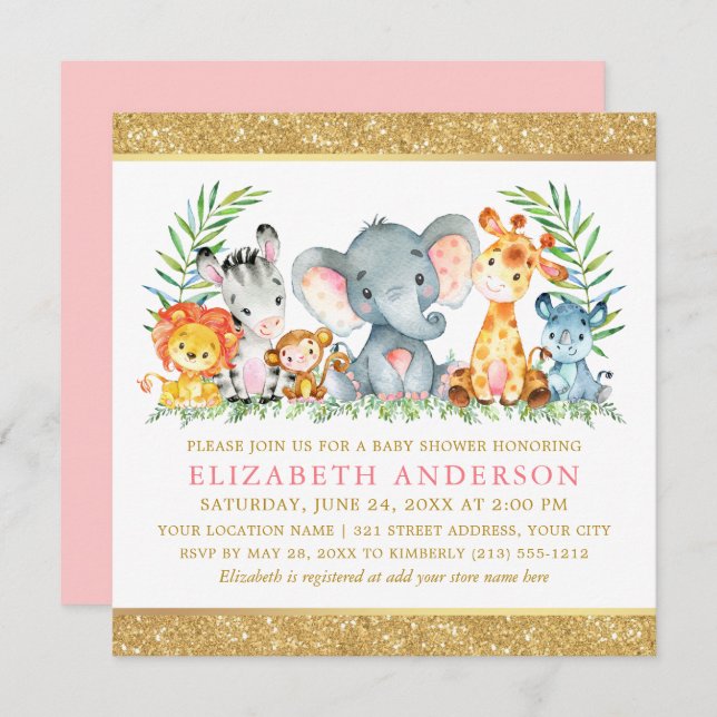 Watercolor Safari Animals Baby Shower Pink Gold Sq Invitation (Front/Back)