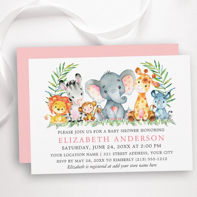Watercolor Safari Animals Baby Shower Pink Invitation (Customize to change text color, size, text style or change color of back of card.)