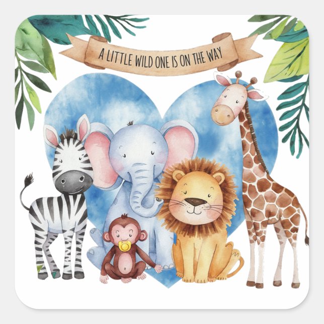 Watercolor Safari Animals Baby Shower Square Sticker (Front)