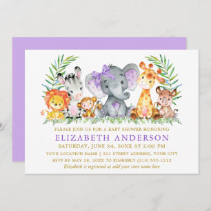 Watercolor Safari Animals Baby Shower Violet Bow Invitation