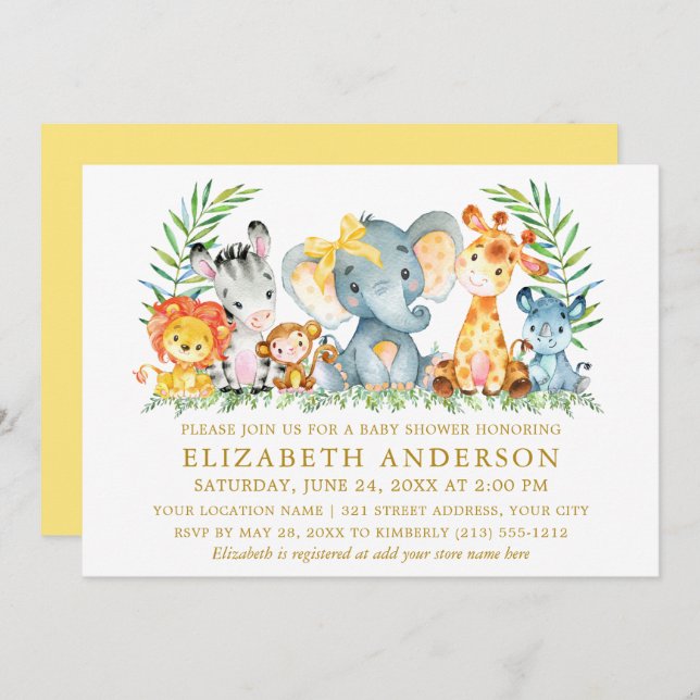 Watercolor Safari Animals Baby Shower Yellow Bow Invitation (Front/Back)