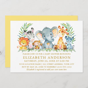Watercolor Safari Animals Baby Shower Yellow Gold Invitation