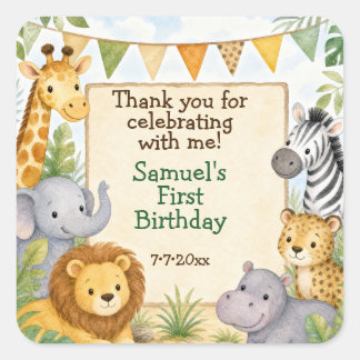 Watercolor Safari Animals Birthday Party Thank You Square Sticker