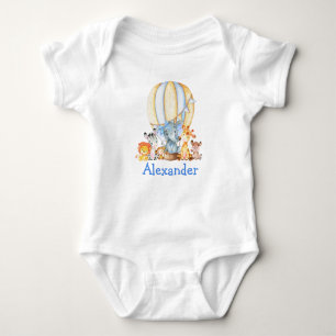 Watercolor Safari Animals Blue Bow Air Balloon Baby Bodysuit