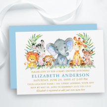 Watercolor Safari Animals Blue Gold Baby Shower