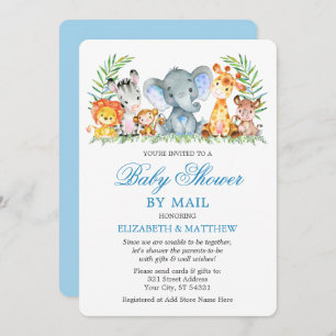 Watercolor Safari Animals Blue Shower by Mail Invitation