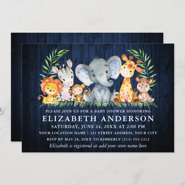 Watercolor Safari Animals Blue Wood Baby Shower Invitation (Front/Back)