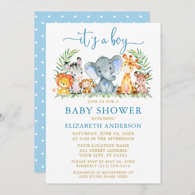 Watercolor Safari Animals Boy Blue Gold Shower  Invitation (Front/Back)