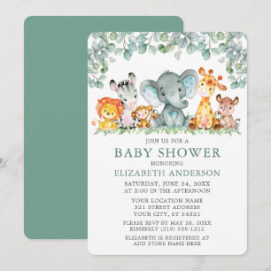 Watercolor Safari Animals Eucalyptus Baby Shower Invitation