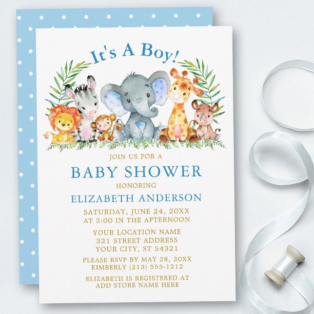 Watercolor Safari Animals Gold Boy Baby Shower Invitation (Customize to change text color, size or text style.)