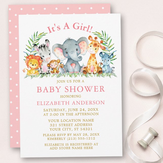 Watercolor Safari Animals Gold Pink Baby Shower Invitation (Customize to change text color, size or text style.)