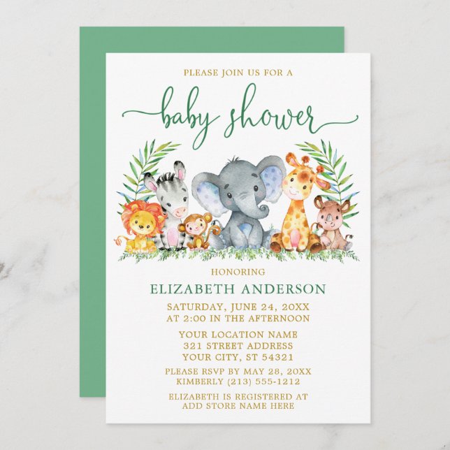 Watercolor Safari Animals Green Script Shower Gold Invitation (Front/Back)