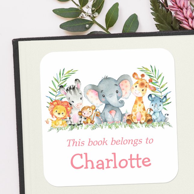 Watercolor Safari Animals Pink Bookplate Label (Customize to change text size, color or text style.)