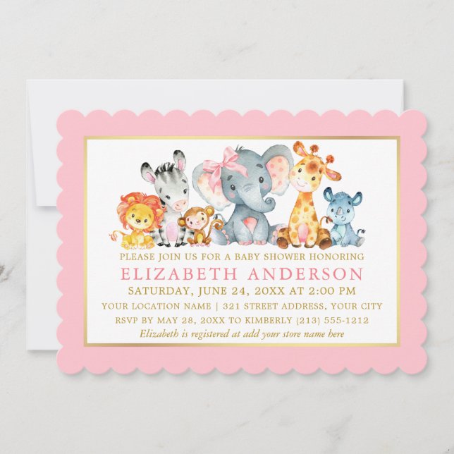 Watercolor Safari Animals Pink Bow Baby Shower Invitation (Front)
