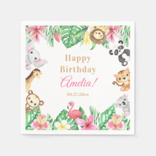Watercolor Safari Animals Pink Floral Girl Napkin