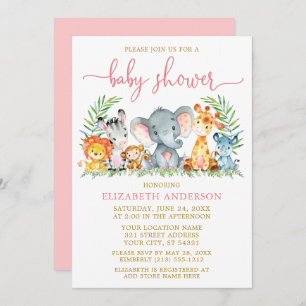 Watercolor Safari Animals Pink Script Shower Gold Invitation