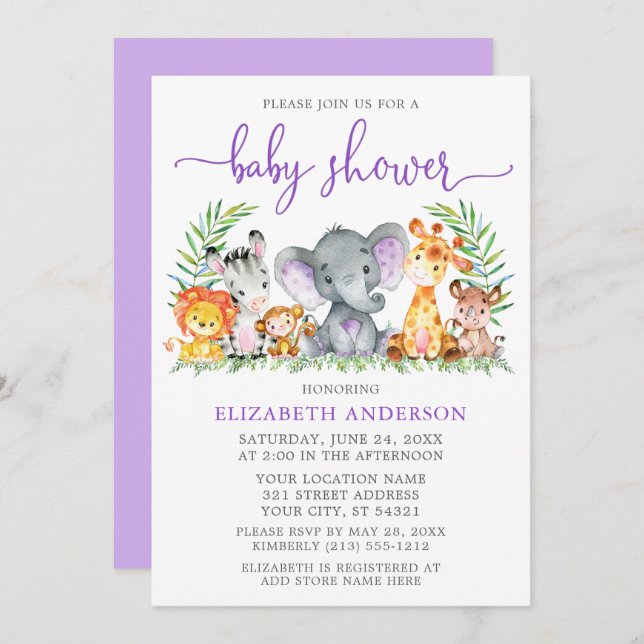 Watercolor Safari Animals Purple Shower Invitation (Front/Back)