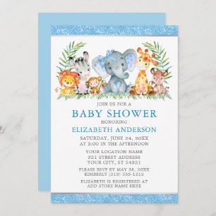 Watercolor Safari Animals Shower Blue Bow Glitter Invitation
