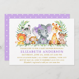Watercolor Safari Animals Shower Violet Bow Dots Invitation