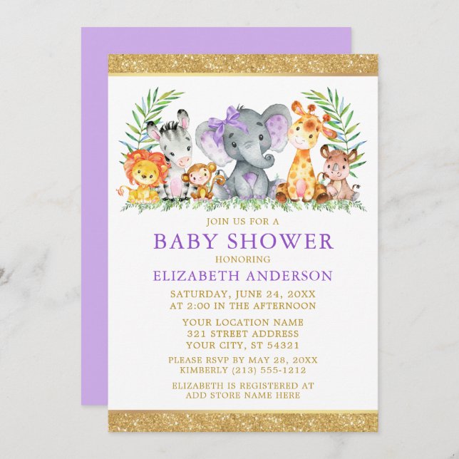 Watercolor Safari Animals Shower Violet Glitter Invitation (Front/Back)