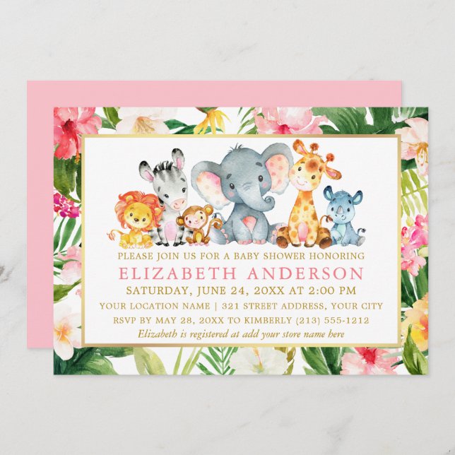 Watercolor Safari Animals Tropical Baby Shower Invitation (Front/Back)