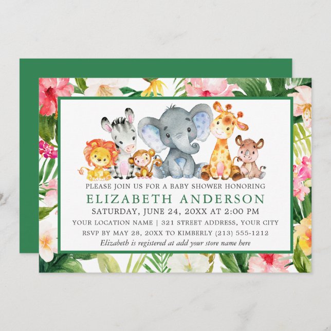 Watercolor Safari Animals Tropical Green Shower Invitation (Front/Back)