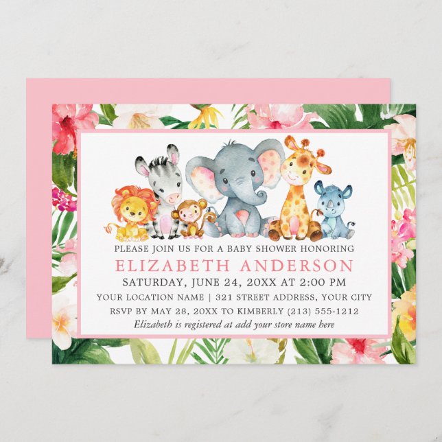 Watercolor Safari Animals Tropical Pink Shower Invitation (Front/Back)