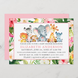 Watercolor Safari Animals Tropical Pink Shower Invitation
