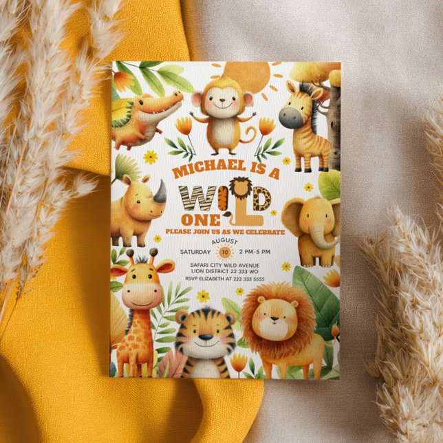 Watercolor Safari Animals WILD ONE 1st Birthday Invitation (Creator Uploaded)