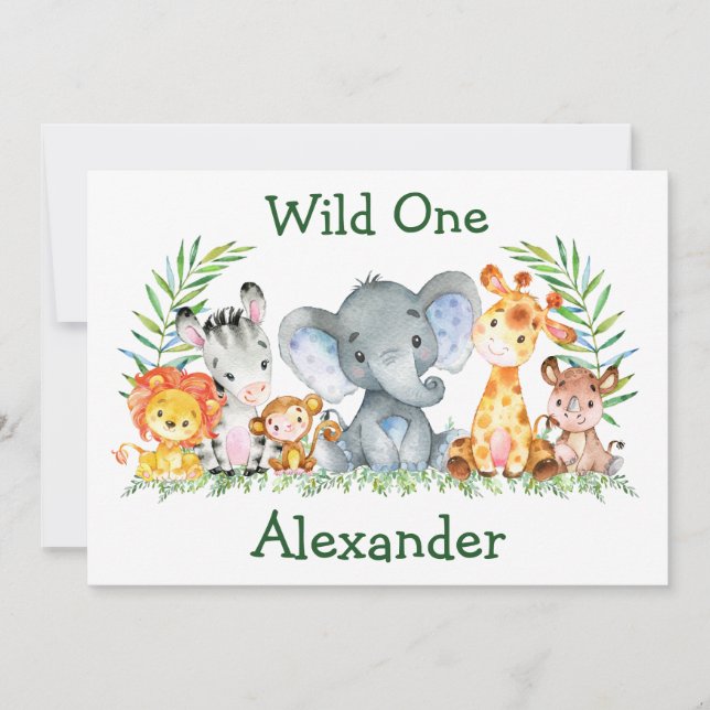 Watercolor Safari Animals Wild One 1st Birthday Invitation (Front)